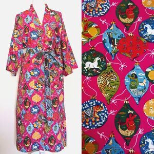 Anthropologie Print Fresh  XMAS Ornaments Organic Cotton Long Belted Robe S/M